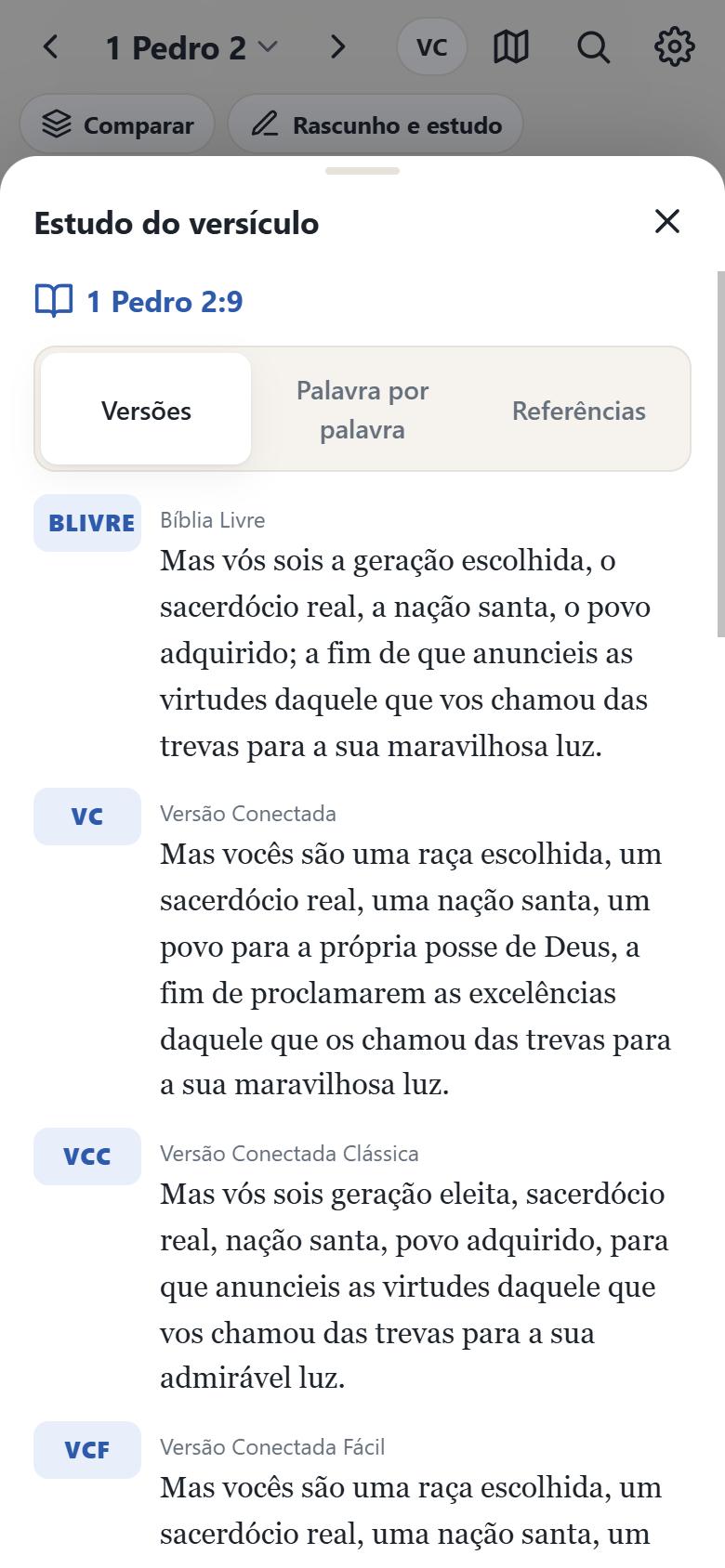 Tela do LumiVerbo comparando 1 Pedro 2:9 em várias versões